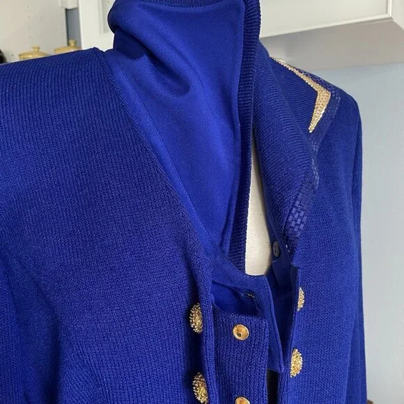 ST JOHN Evening Size 8 Royal Blue Santana Knit Blazer Jacket Removable Collar - Picture 10 of 11